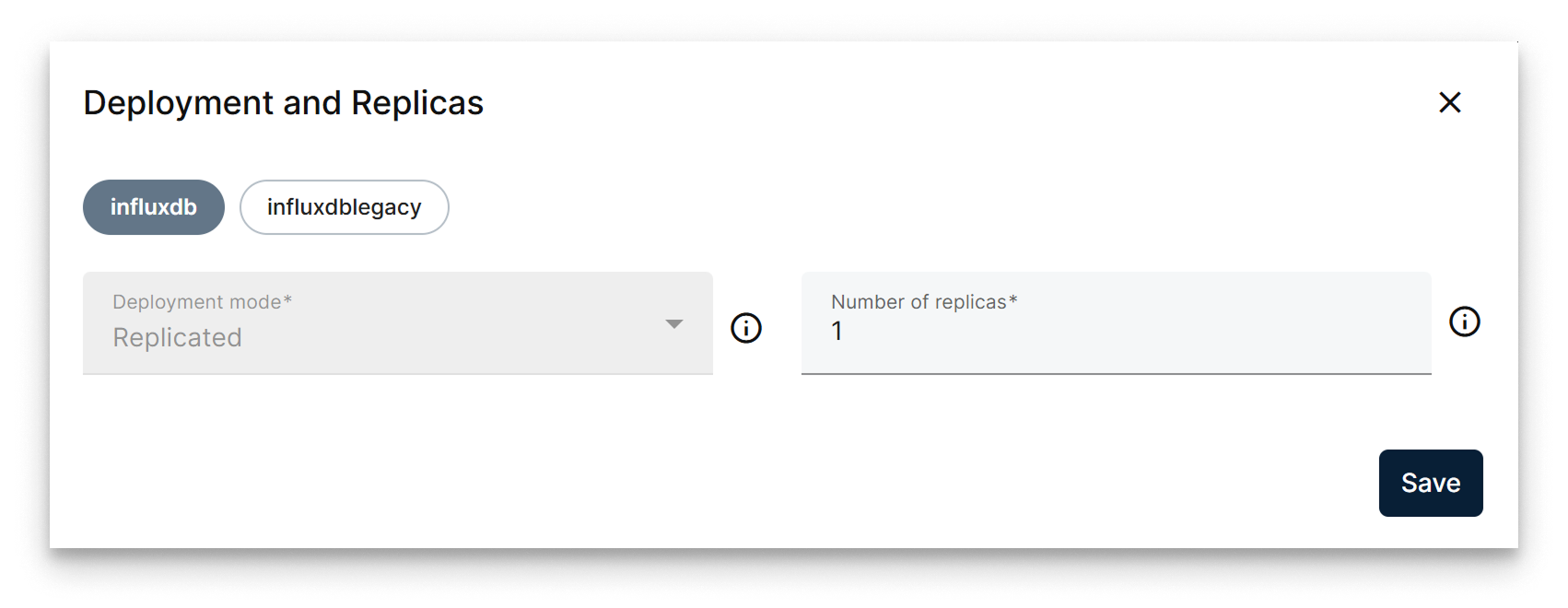 Choose deployment mode and the number of replicas for each service Deployment and Replicas Modal