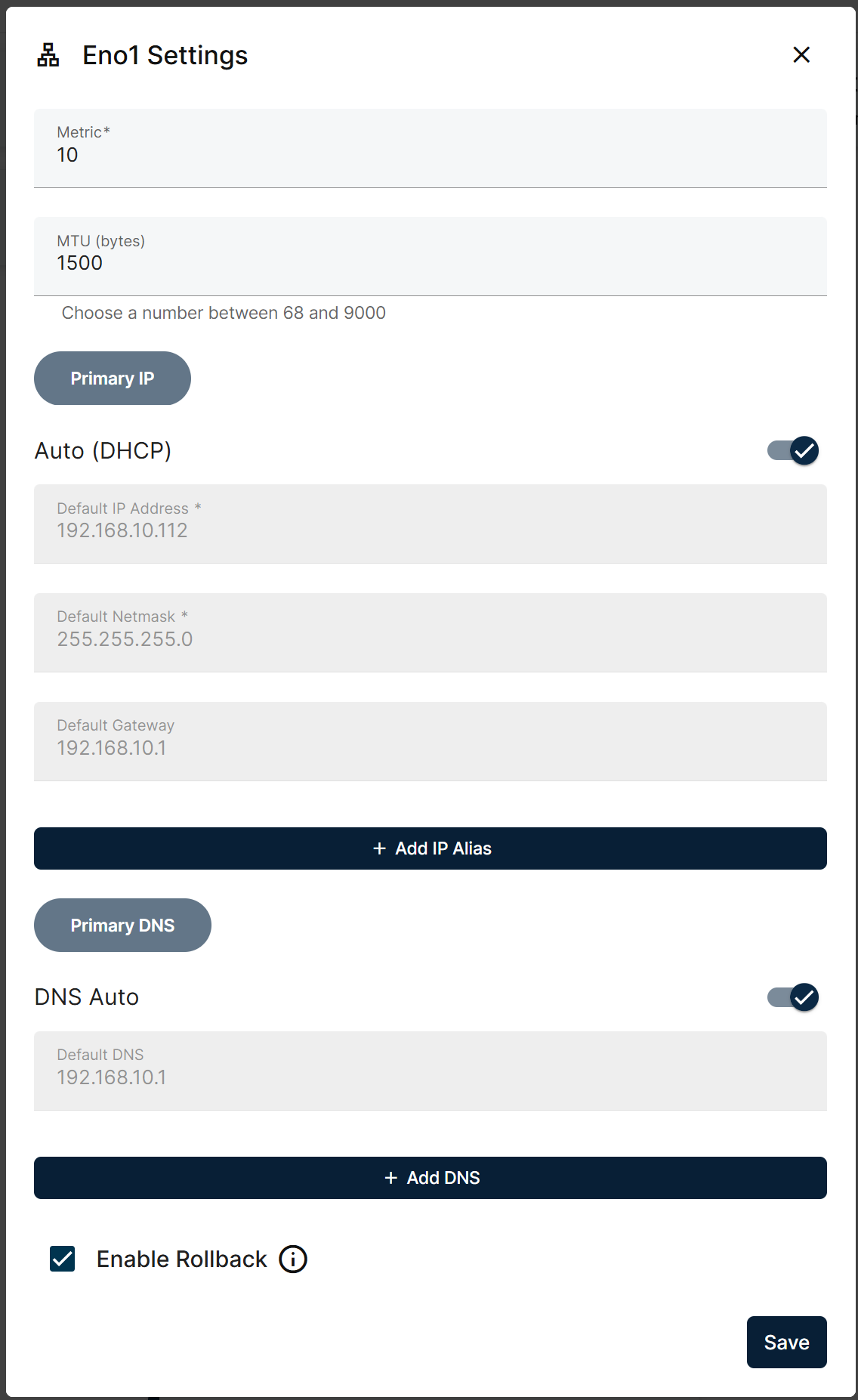 Ethernet Interface Edit Pop-Up Ethernet Interface Edit Pop-Up