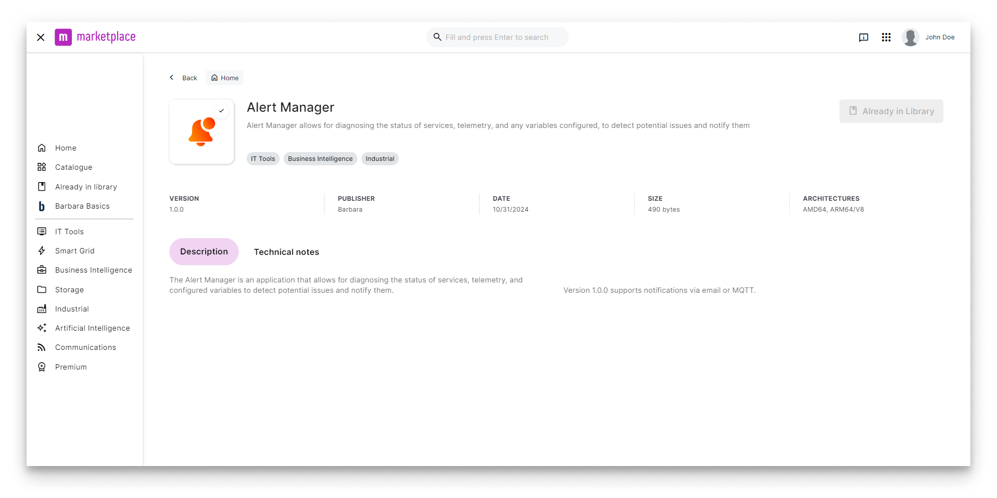 Alert Manager in Barbara Marketplace
