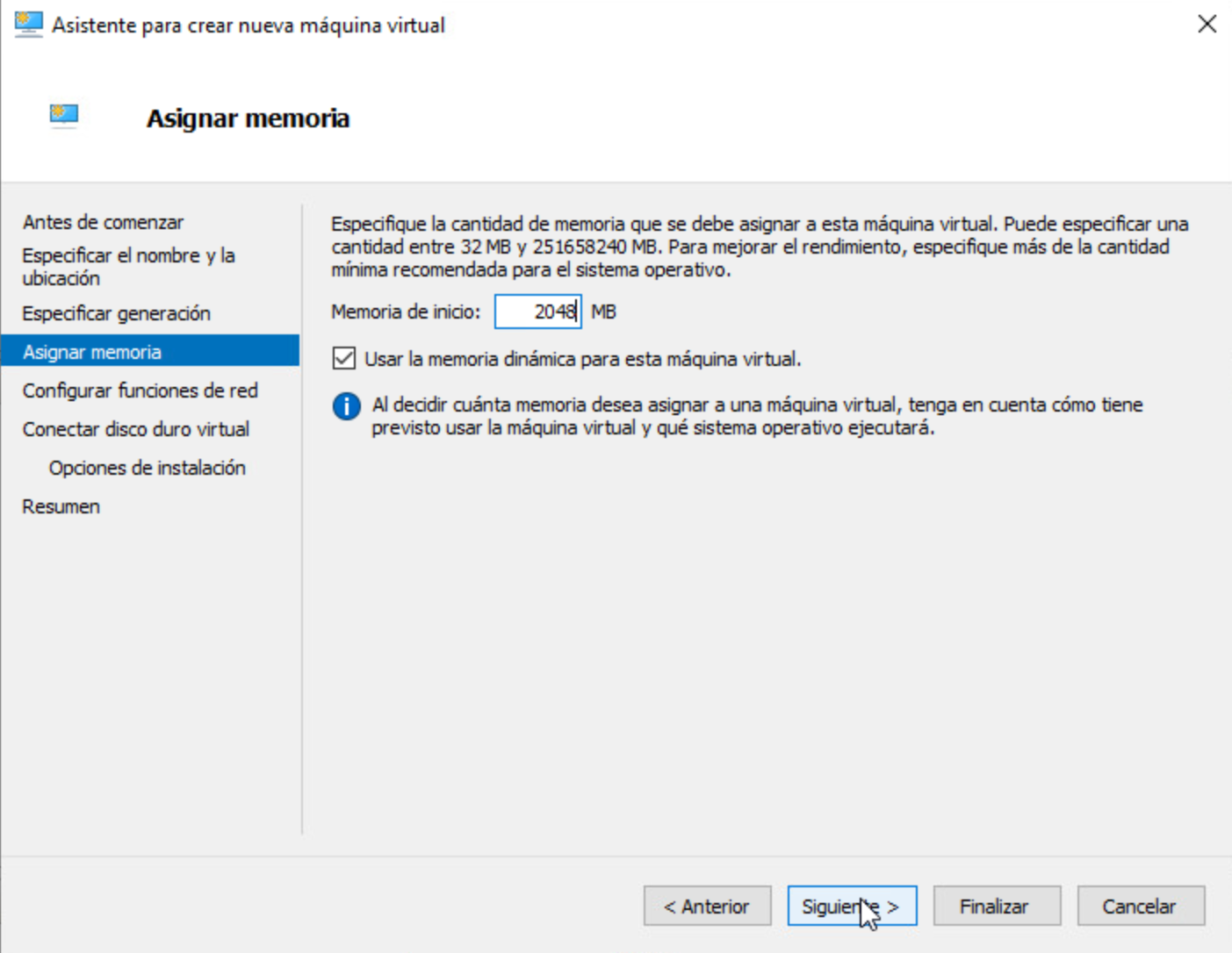 Select Memory for the Virtual Machine