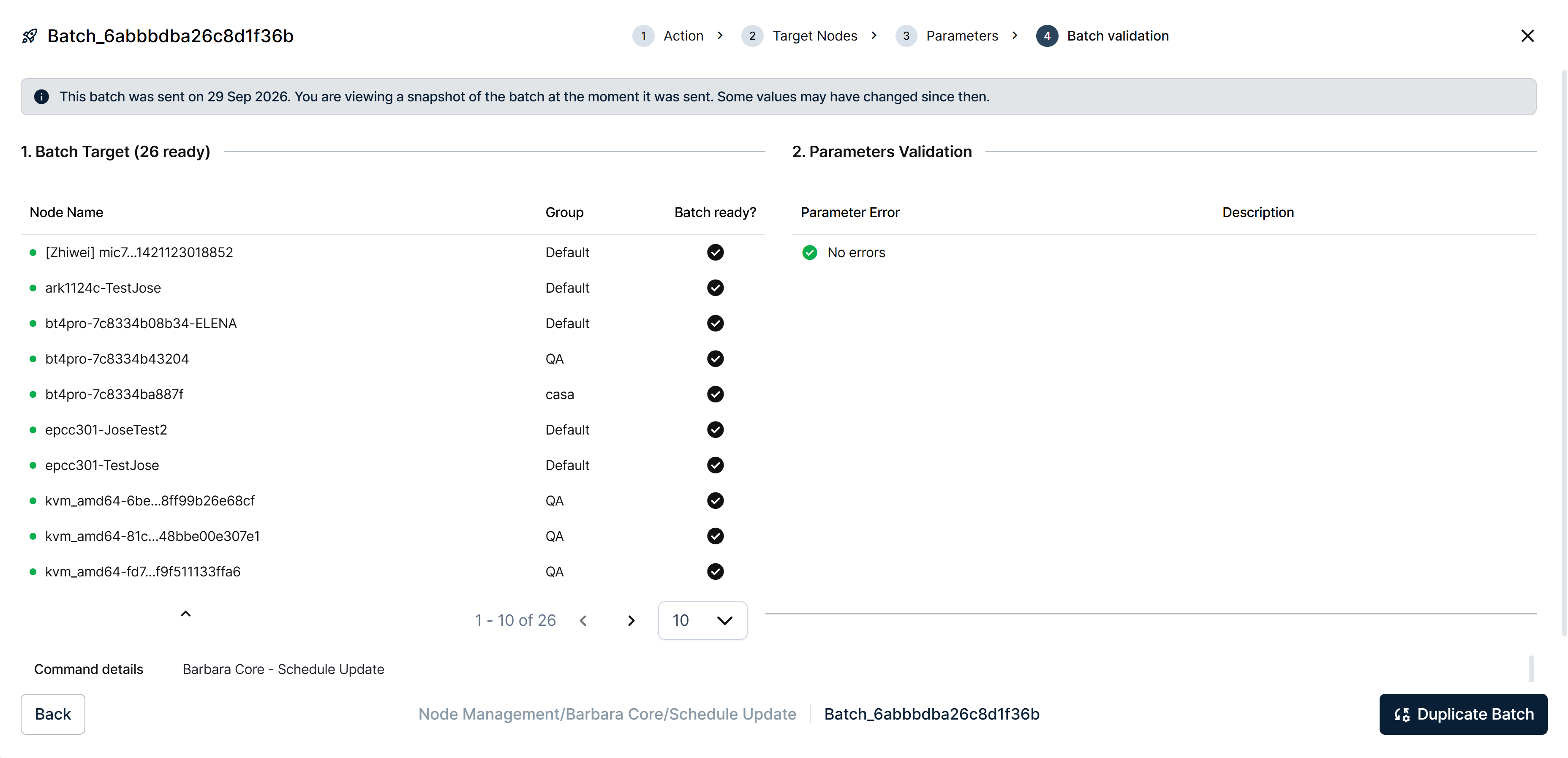 Detail view of a sent batch, reusing the Configure Batch wizard in read-only form