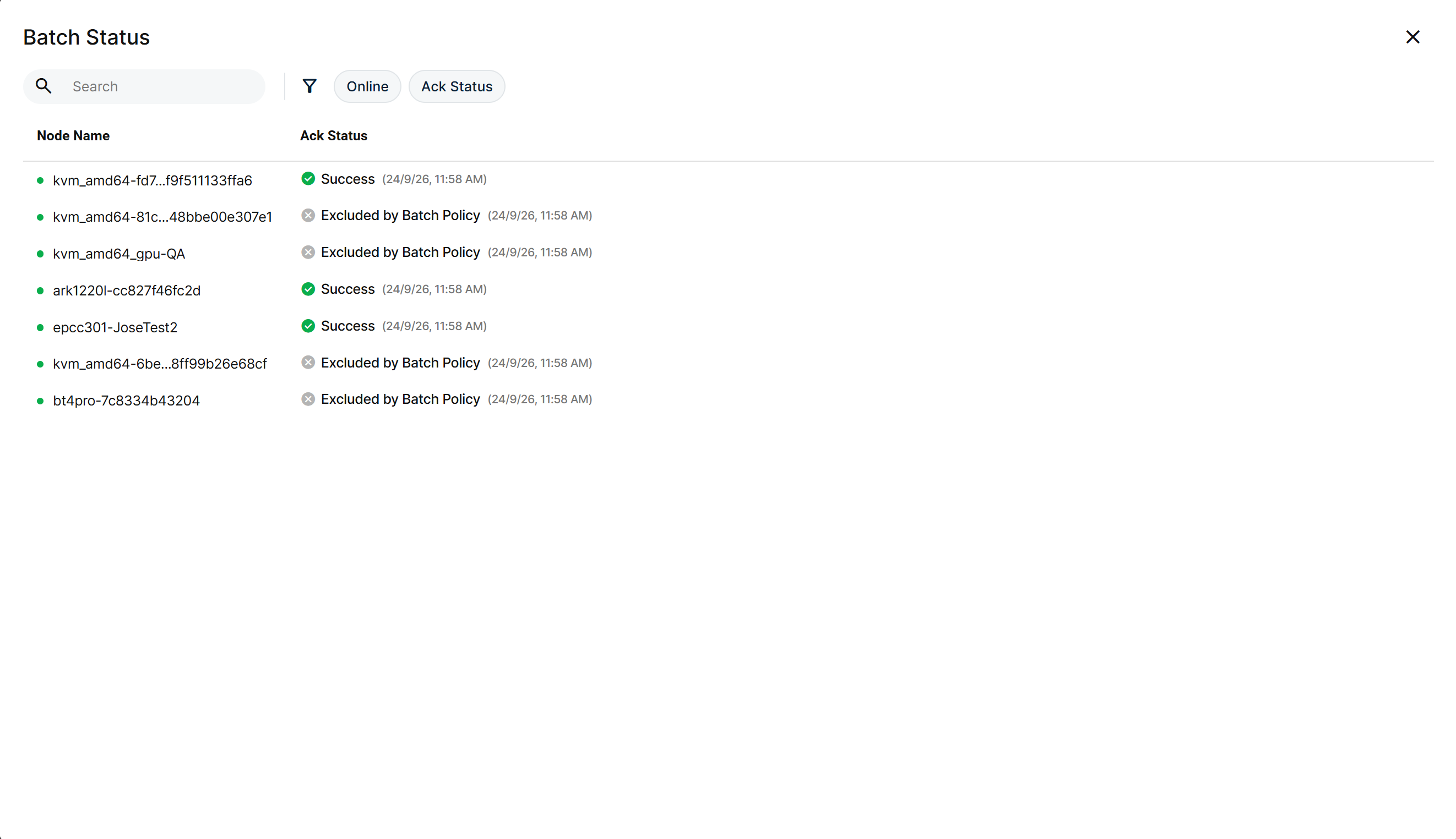 Batch Status modal with the per-node Ack Status breakdown
