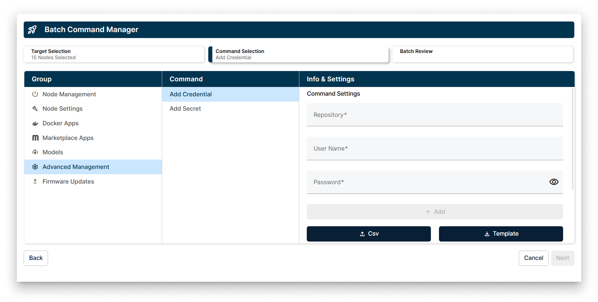 Add Credentials in the Advanced Management Batch Wizard