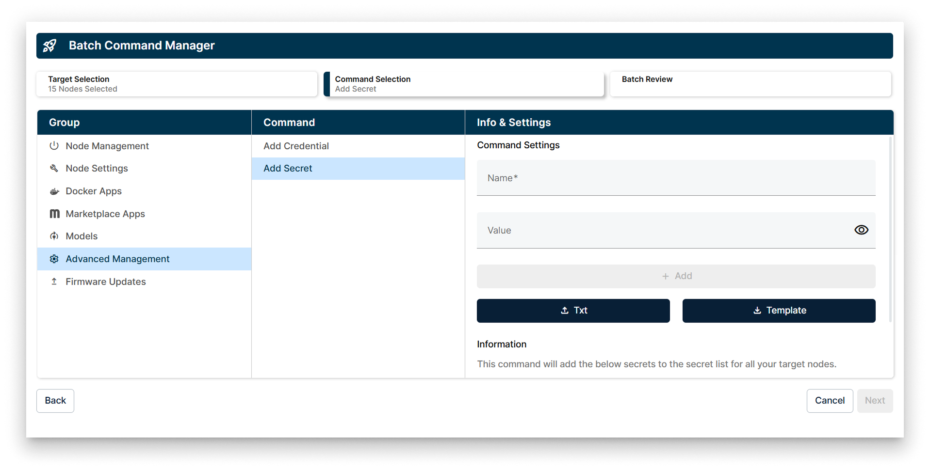 Add Secrets in the Advanced Management Batch Wizard