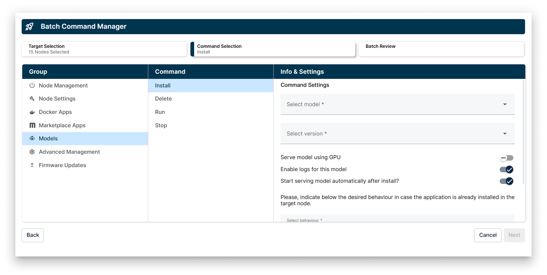 Models options in Batch Command Manager Models options in Batch Command Manager