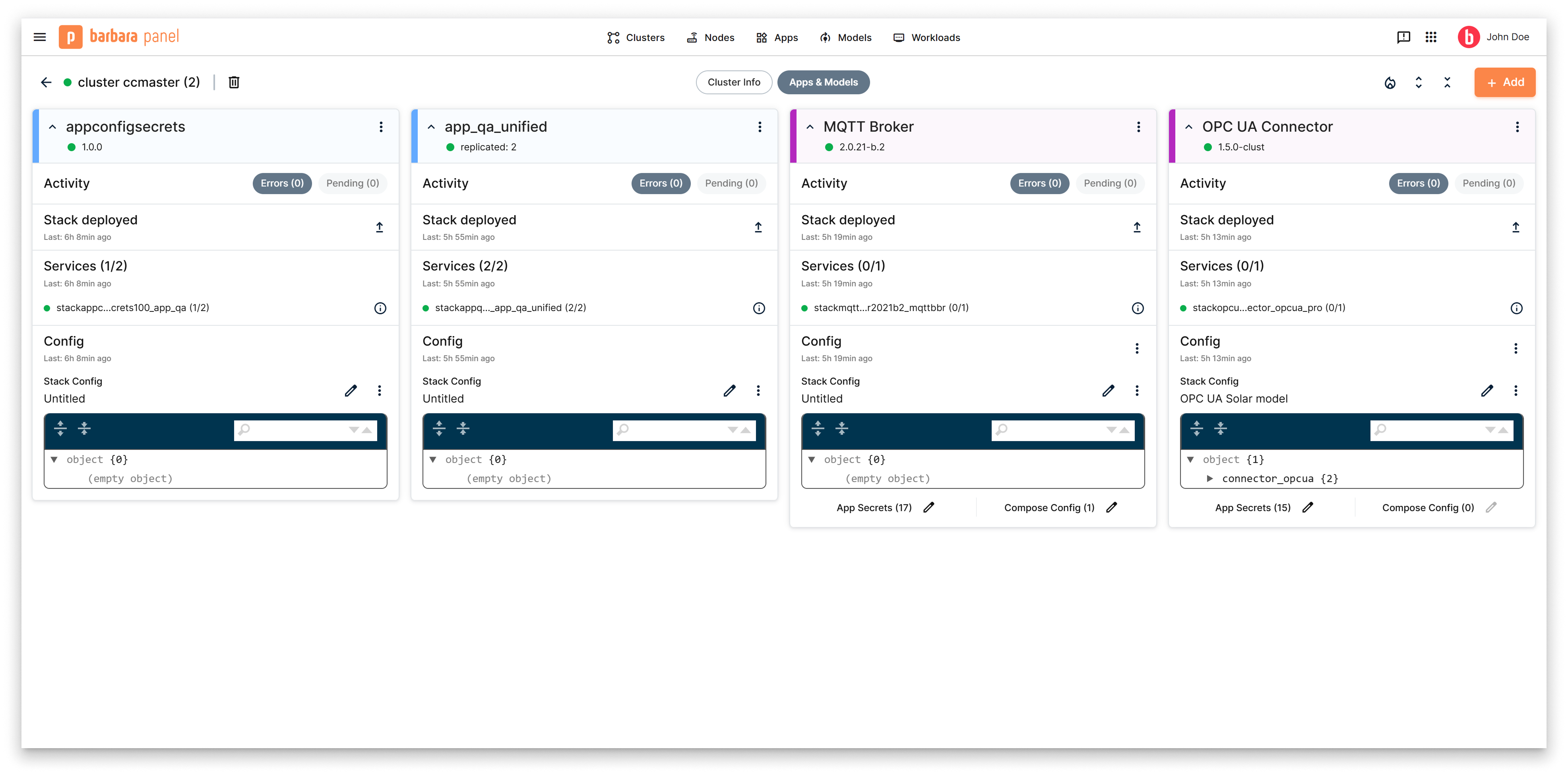 Apps &amp; Models tab showing cards for installed applications and models with activity and configuration details