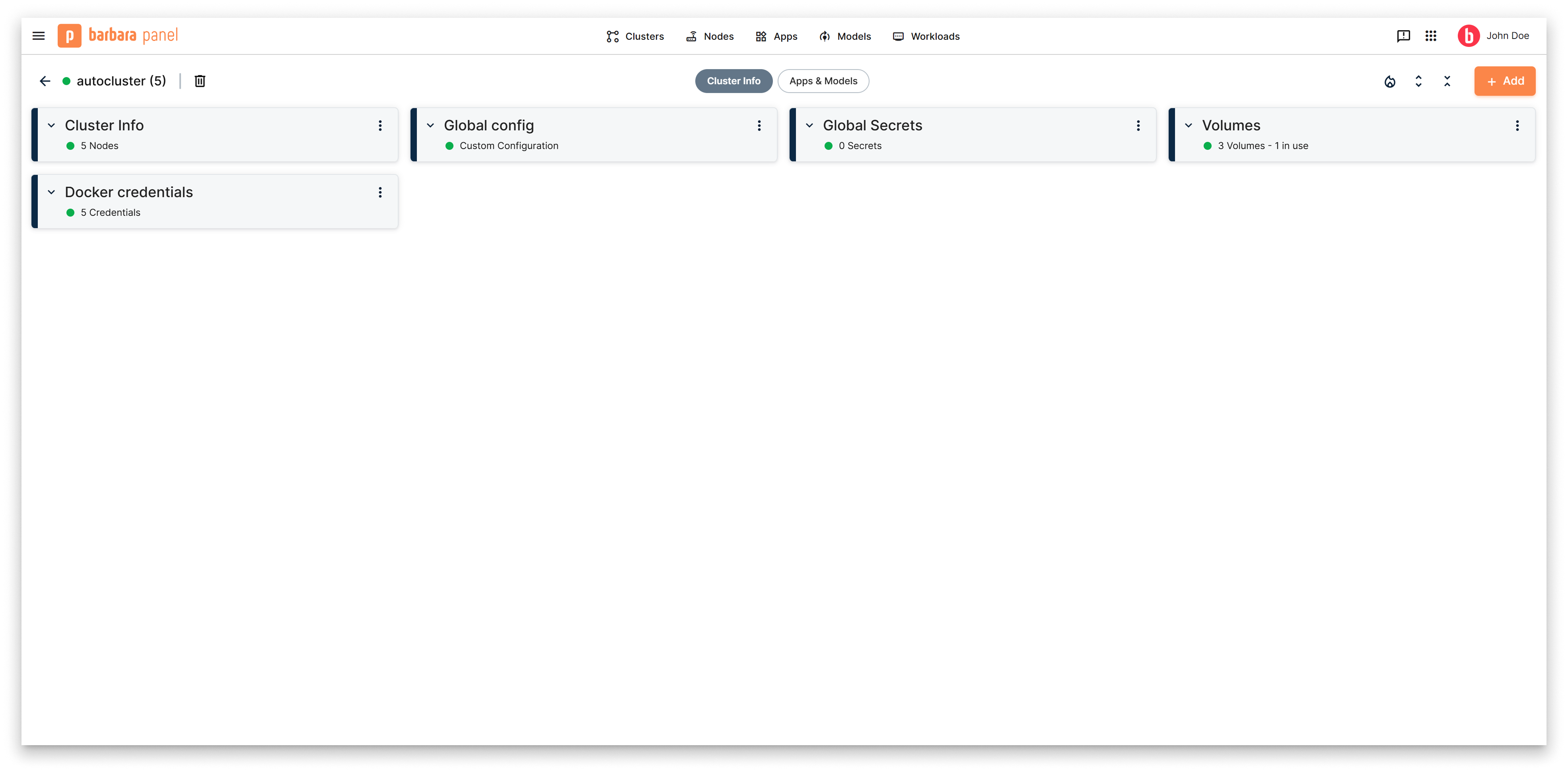 Cluster Information tab showing cards for Cluster Info, Global Config, Global Secrets, Volumes, and Docker Credentials