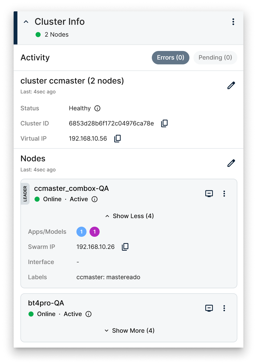 Cluster Information Card showing cluster details and nodes Cluster Information Card showing cluster details and nodes