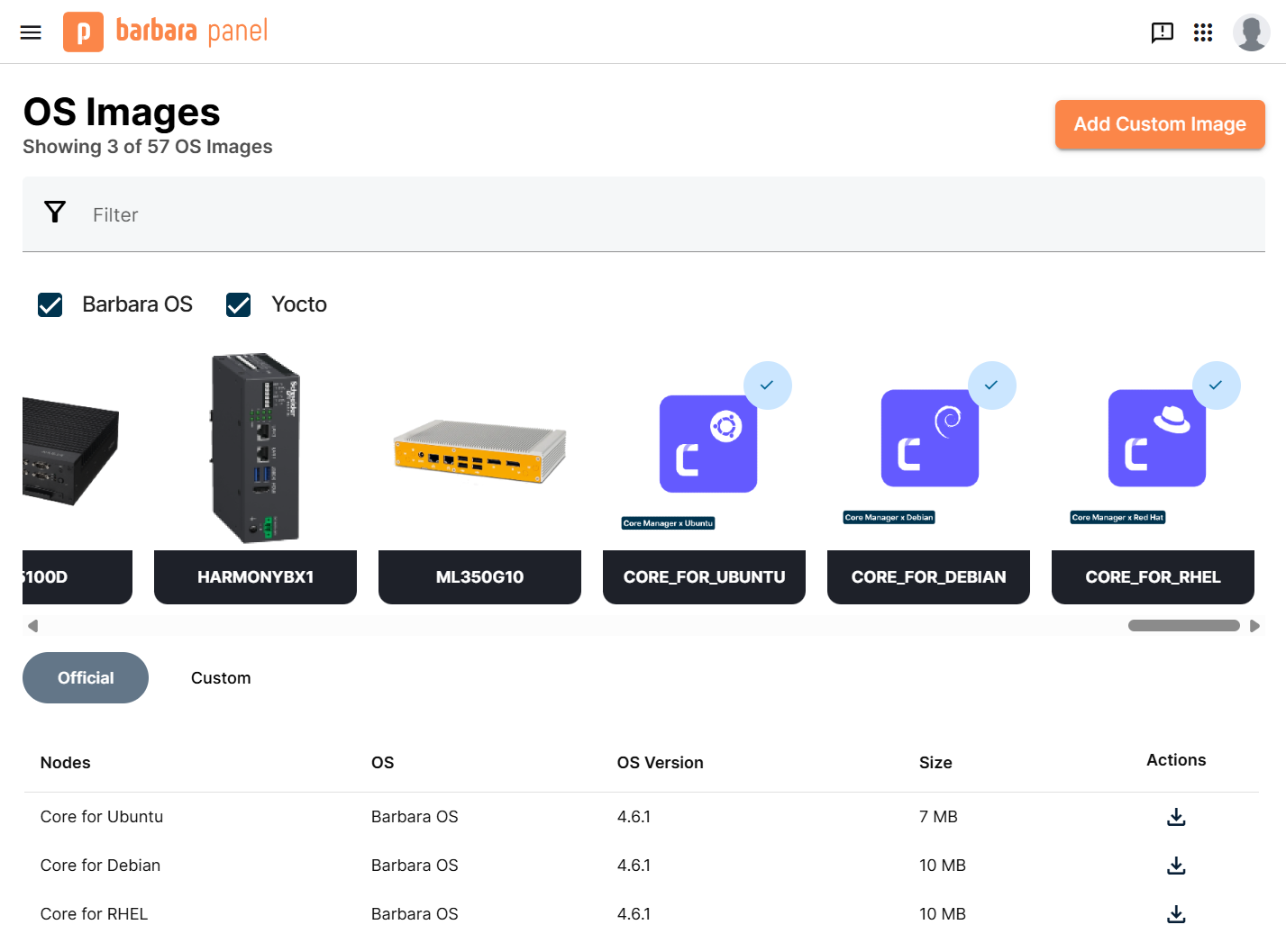 OS Images view showing Core for Ubuntu, Core for Debian and Core for RHEL