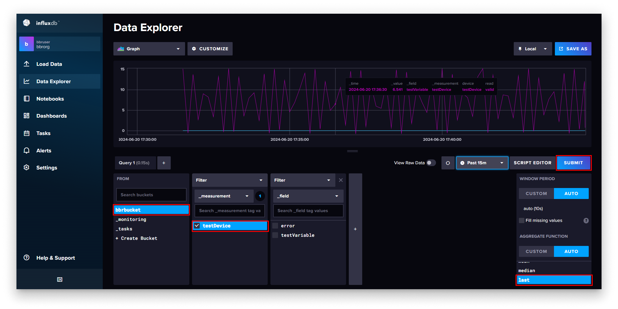 InfluxDB Submit query InfluxDB Submit query