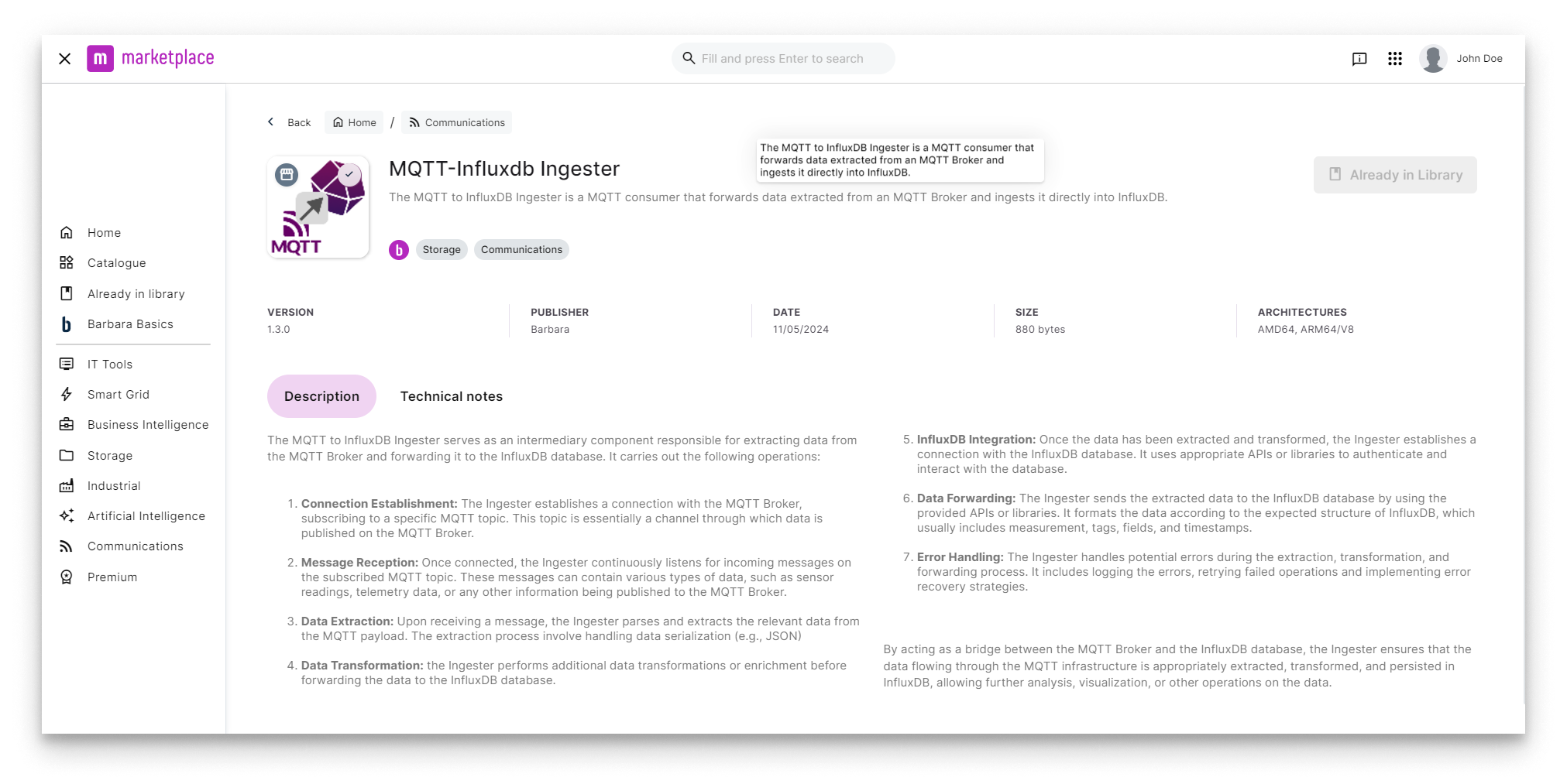 MQTT-InfluxDB Ingester in Barbara Marketplace MQTT-InfluxDB Ingester in Barbara Marketplace
