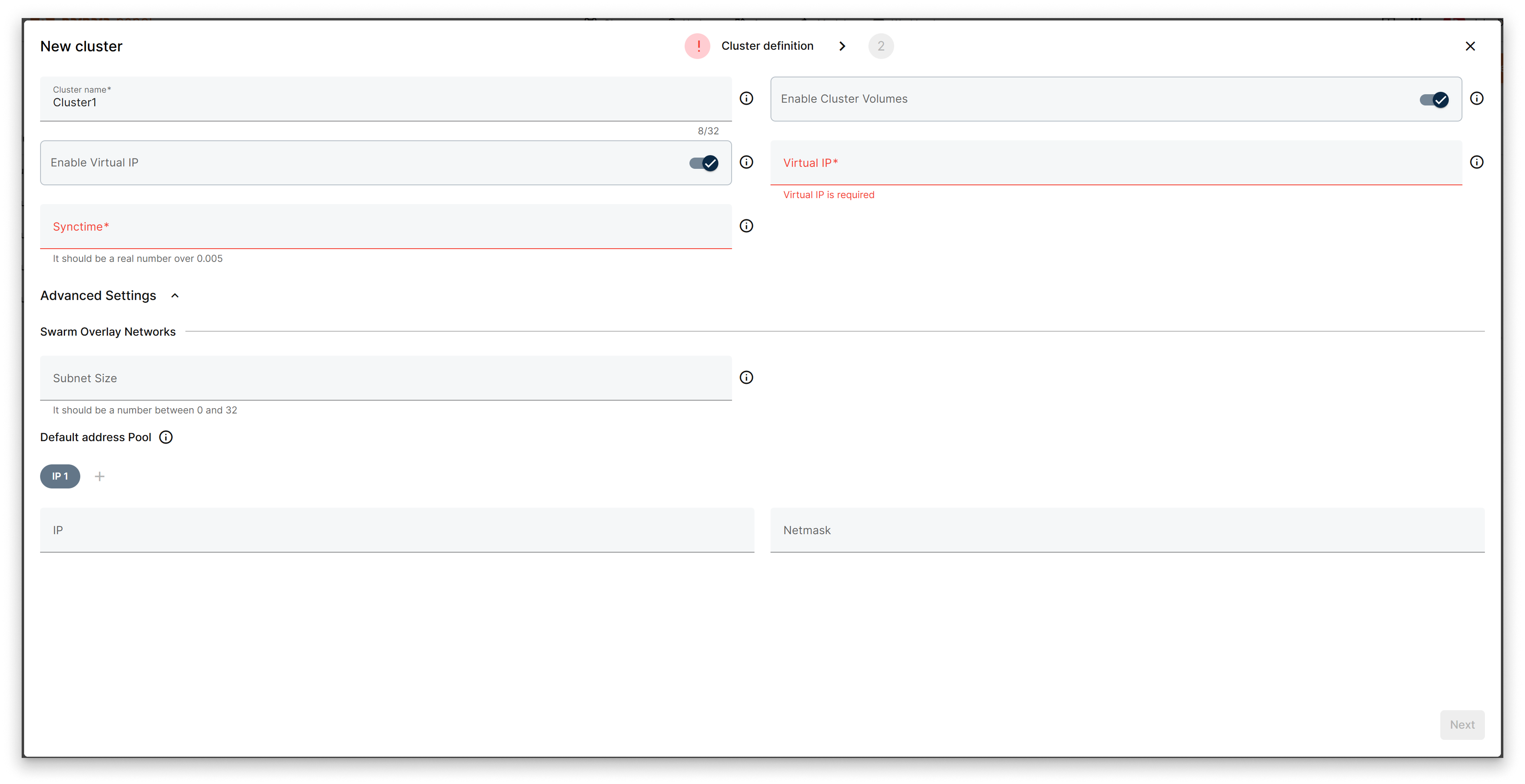 Cluster Definition modal with fields for cluster name, virtual IP, synctime, and network settings