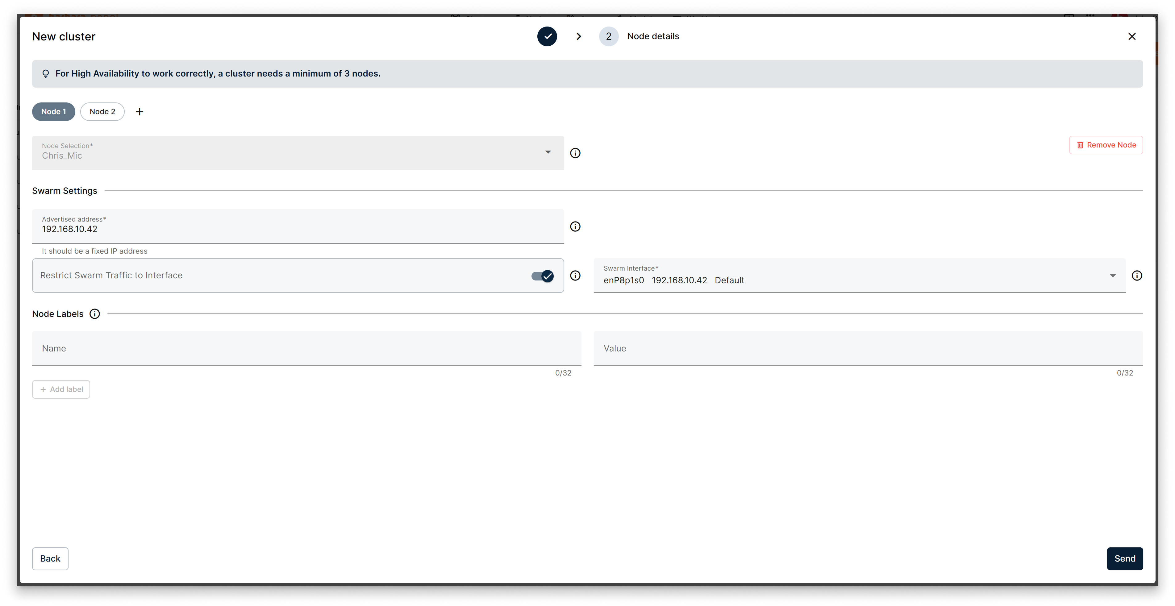 Node Details modal showing node selection, advertised address, swarm interface, and node labels