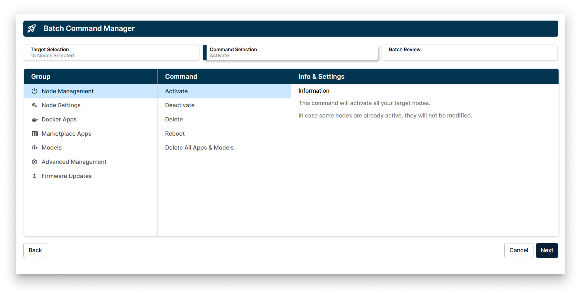 Batch Command Manager showing Node Management options