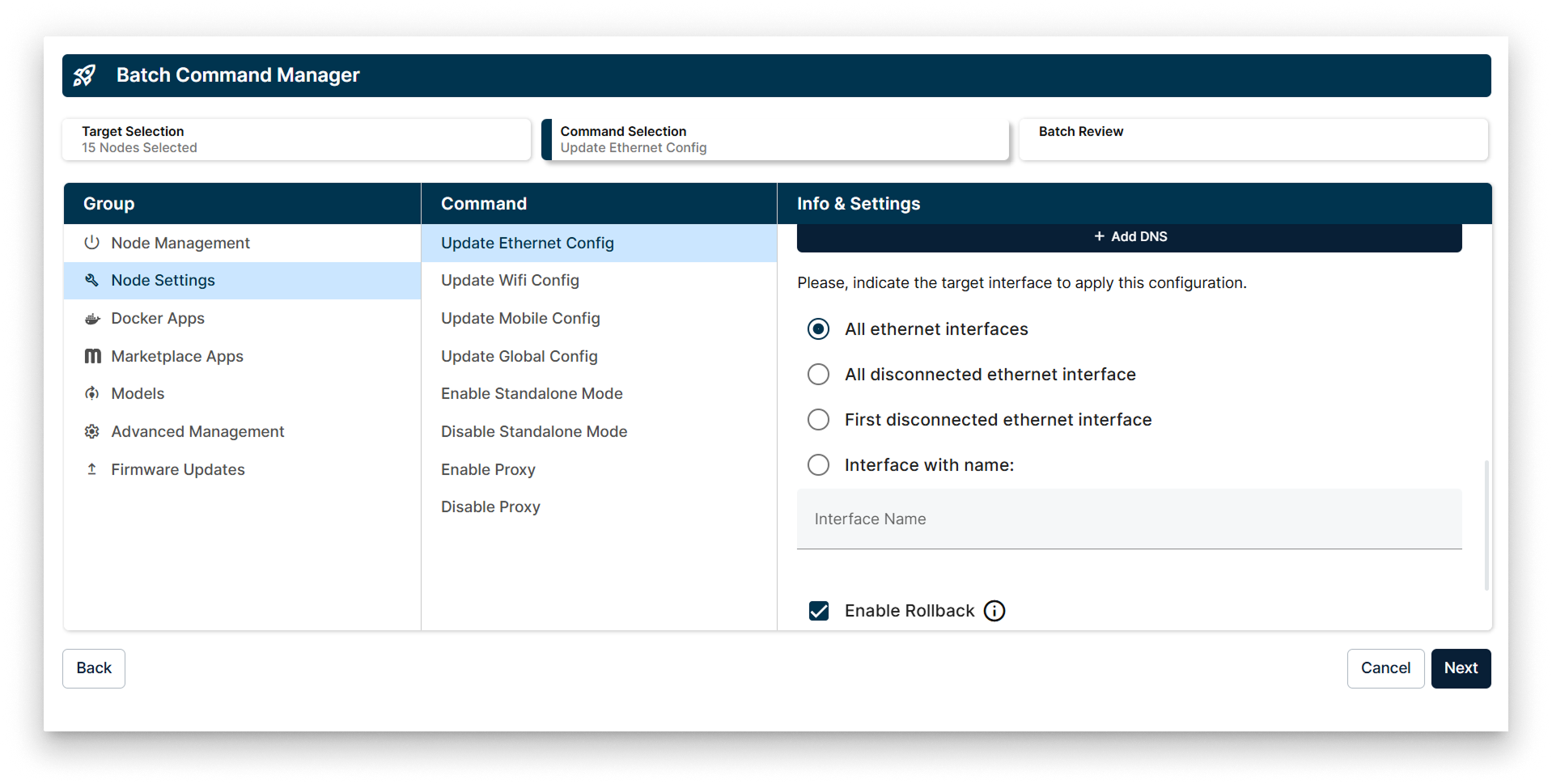 Selecting a Target in the Node Settings Batch Wizard