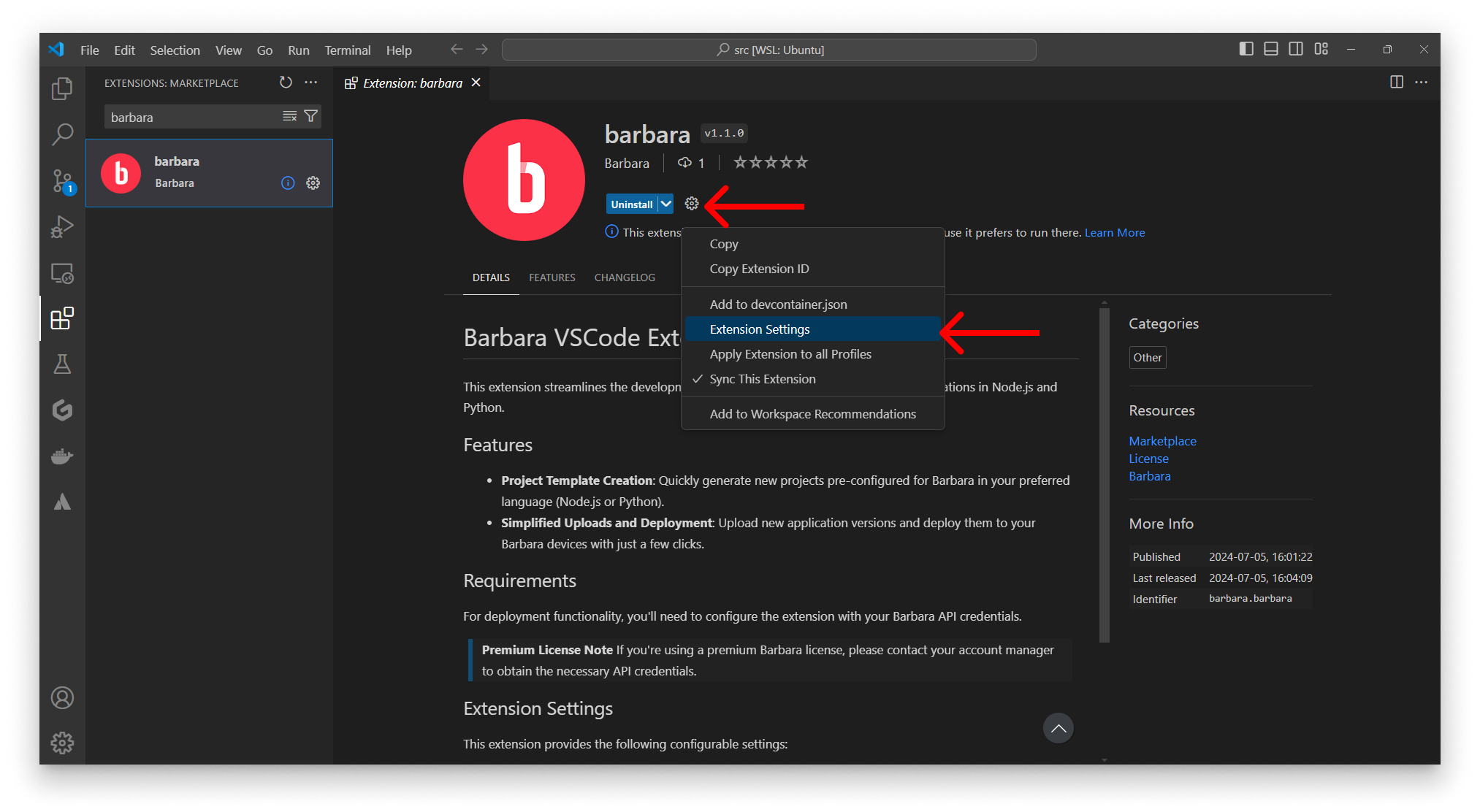 Click on extension settings