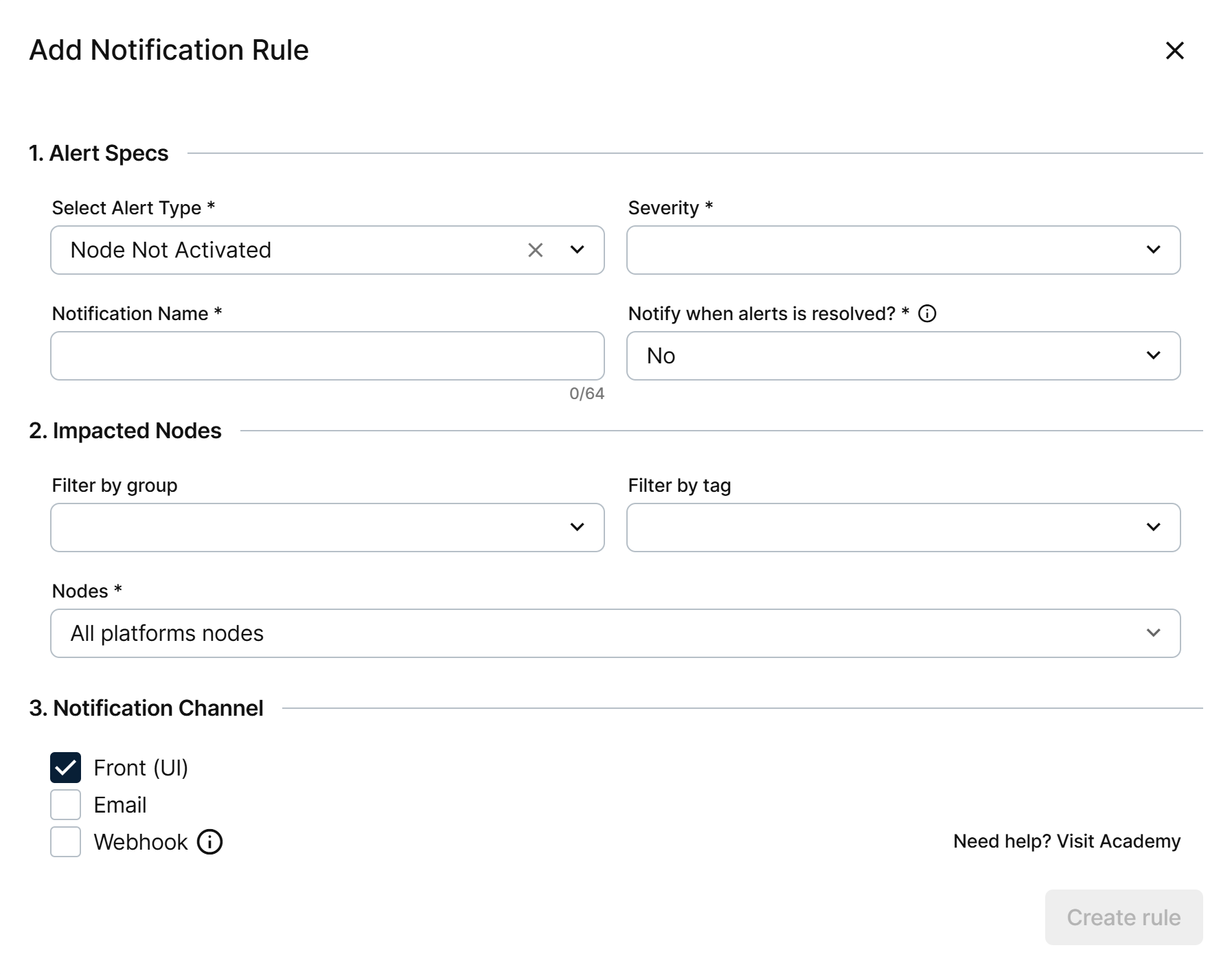 Add Notification Rule form for an alert type without thresholds