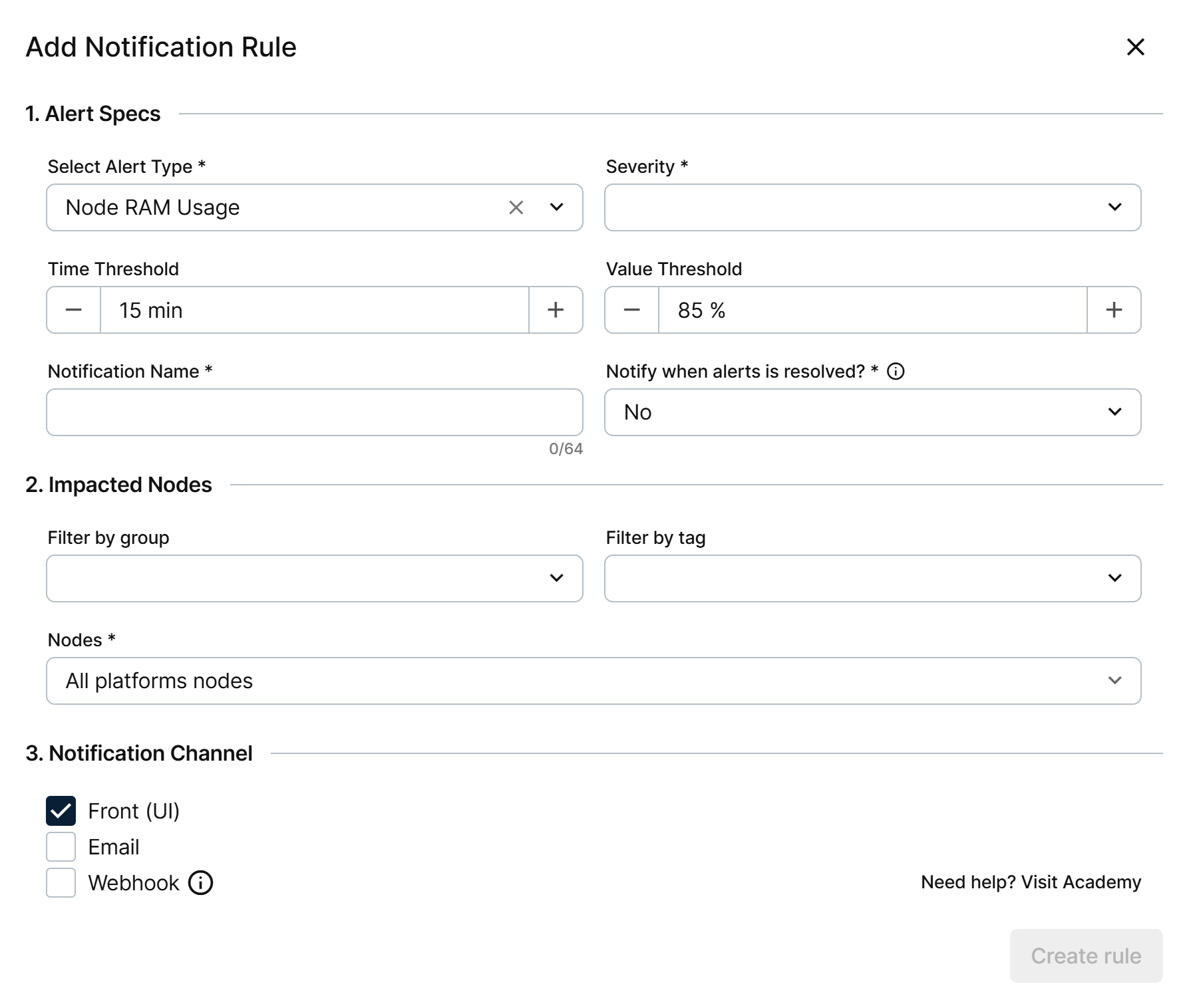 Add Notification Rule form for a telemetry alert