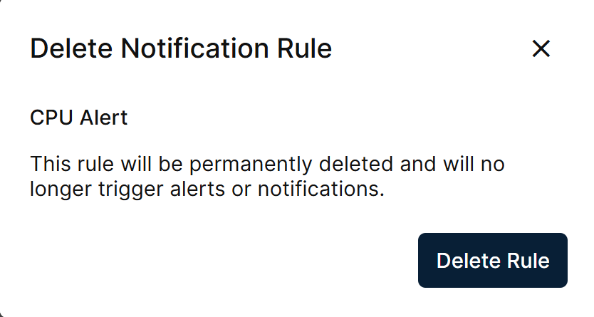 Delete Notification Rule confirmation popup for a CPU alert