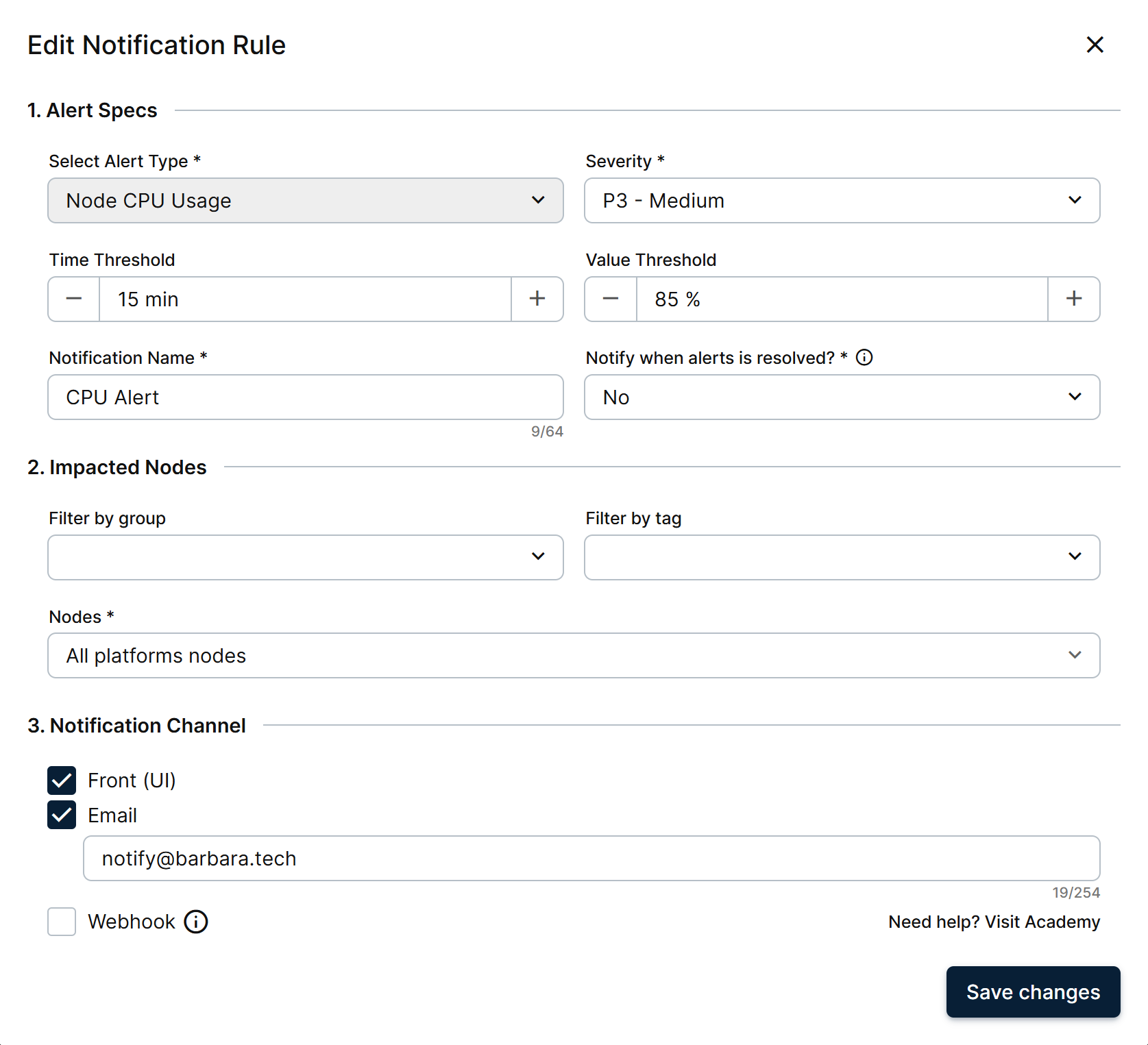 Edit Notification Rule form for a CPU usage rule