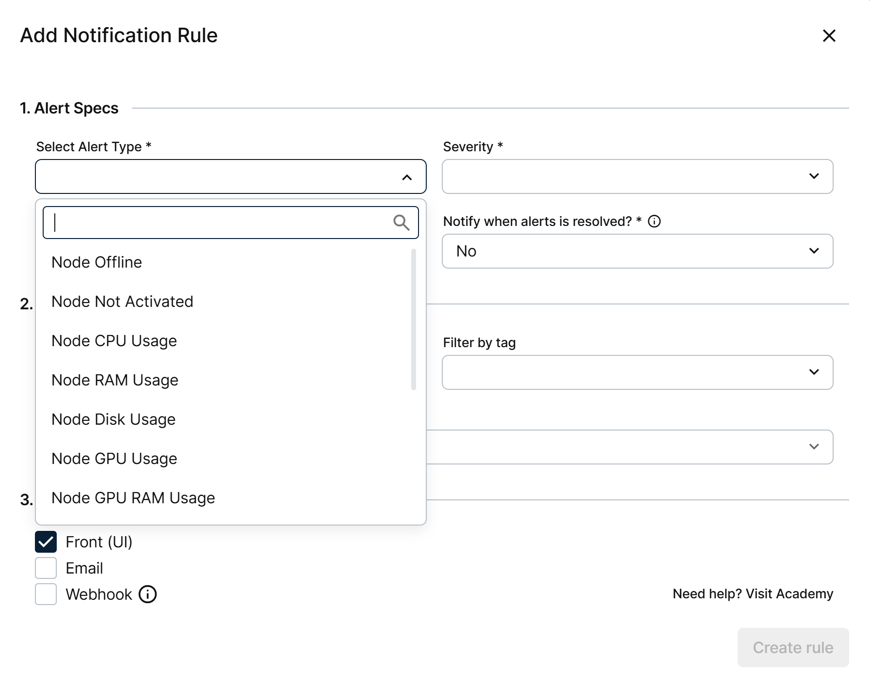 Select Alert Type list with the available alert types