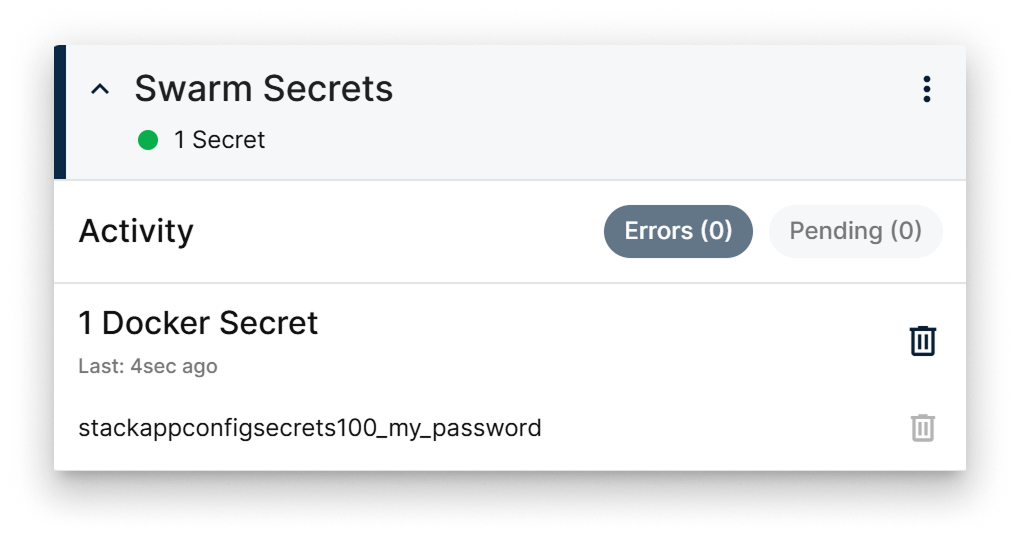 Swarm Secrets Card showing list of secrets with activity status and delete options Swarm Secrets Card showing list of secrets with activity status and delete options