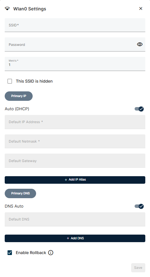 WLAN Interface Edit Pop-Up WLAN Interface Edit Pop-Up