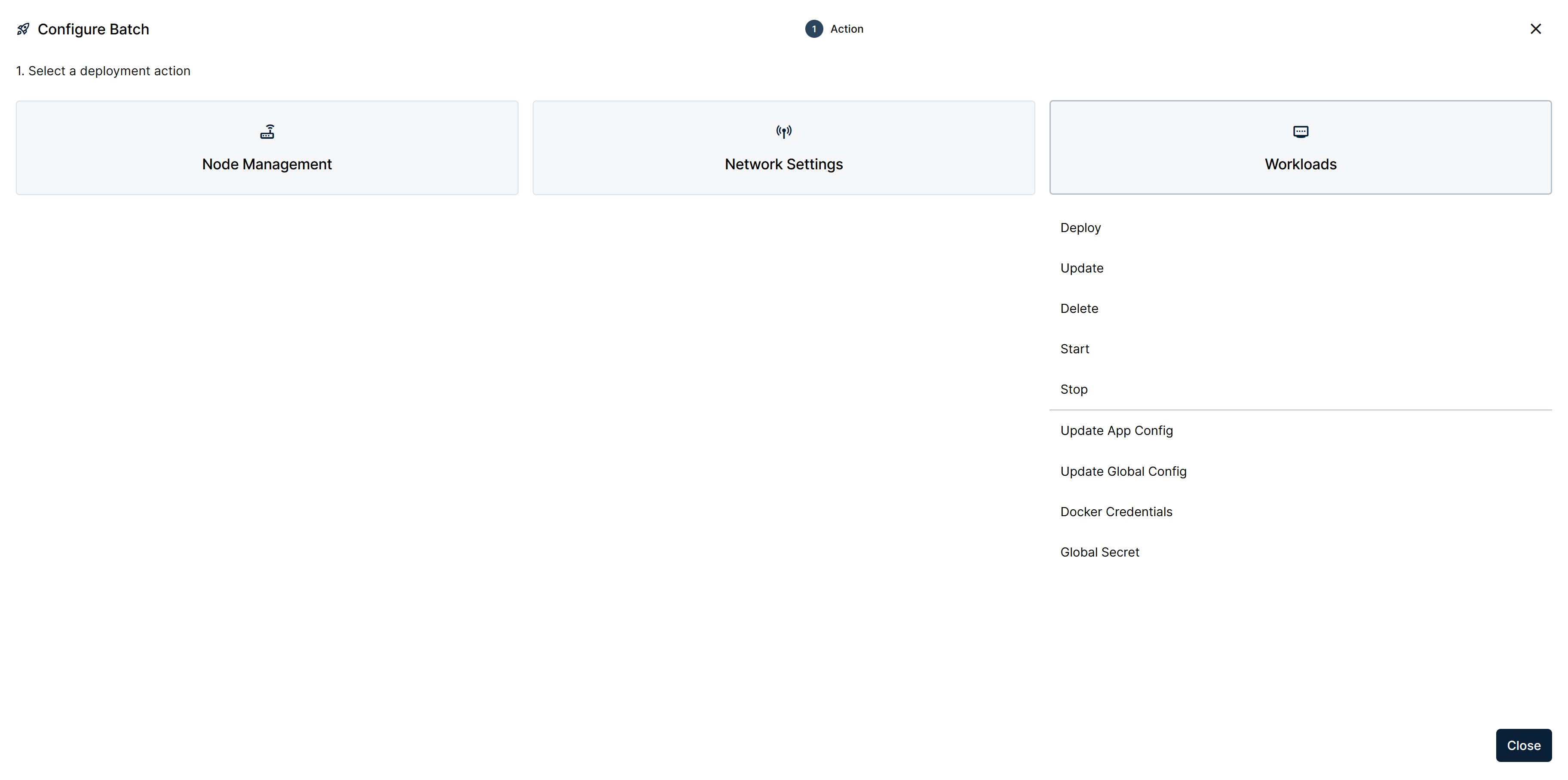 Action step with Workloads expanded into its individual commands