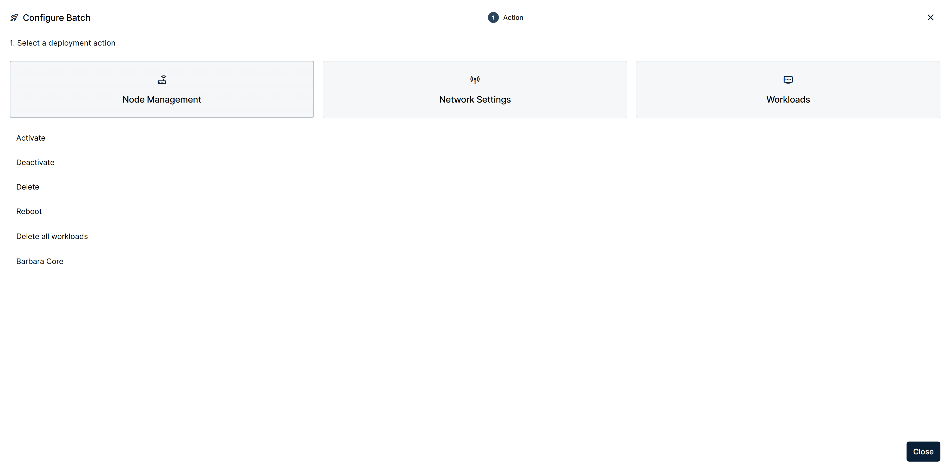 Action step with Node Management expanded into its commands