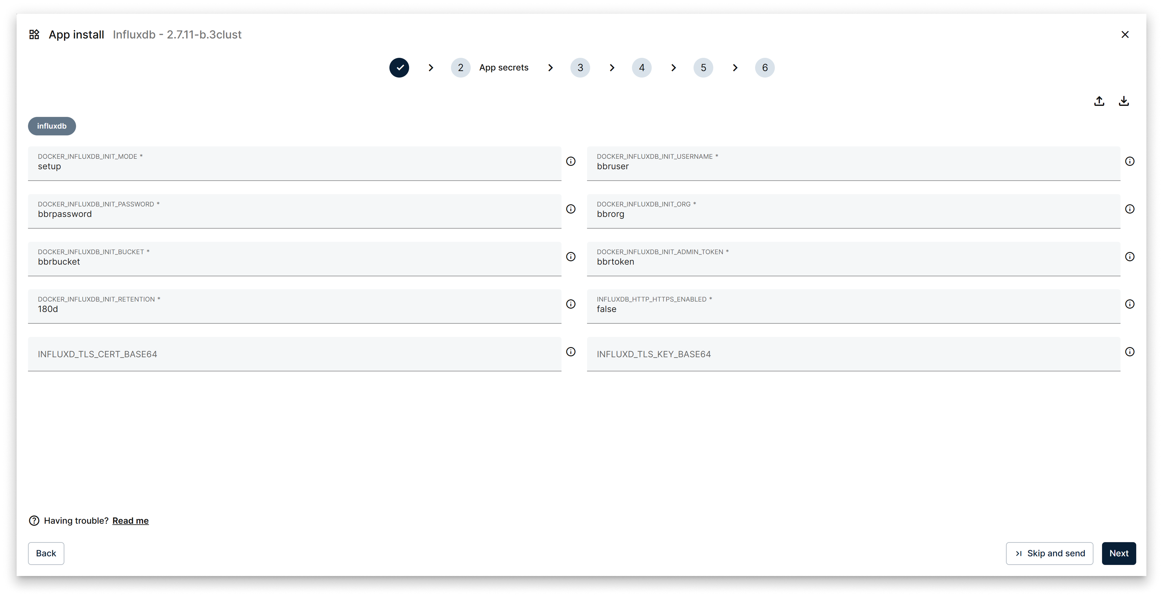 Define application secrets required by the selected Marketplace app Second step of the marketplace app installation wizard: configure app secrets
