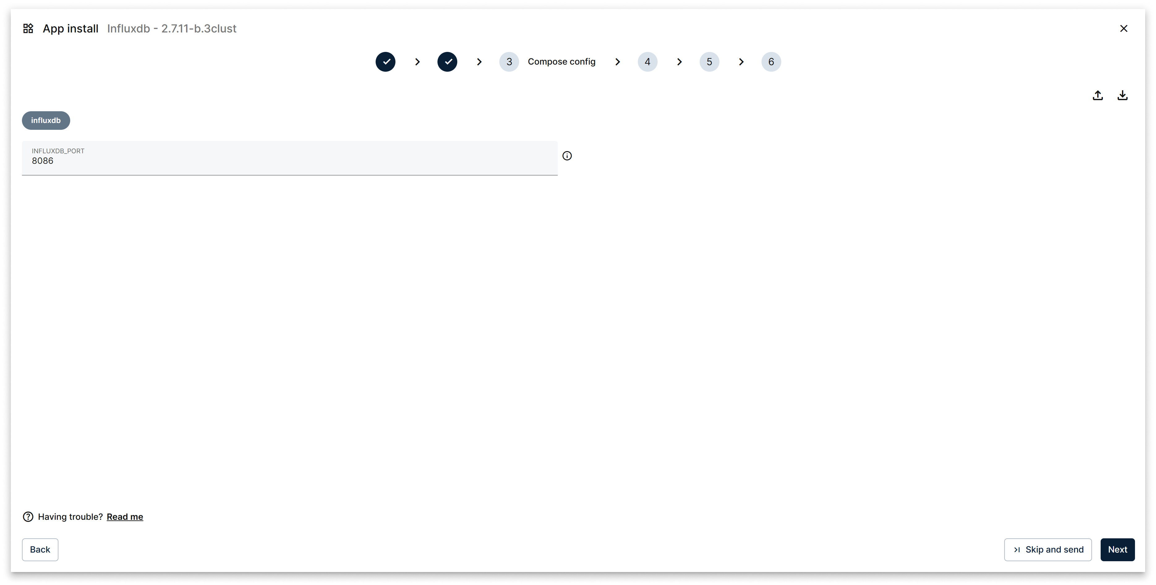 Set ports and volumes for services in the application Third step of the marketplace app installation wizard: configure compose config