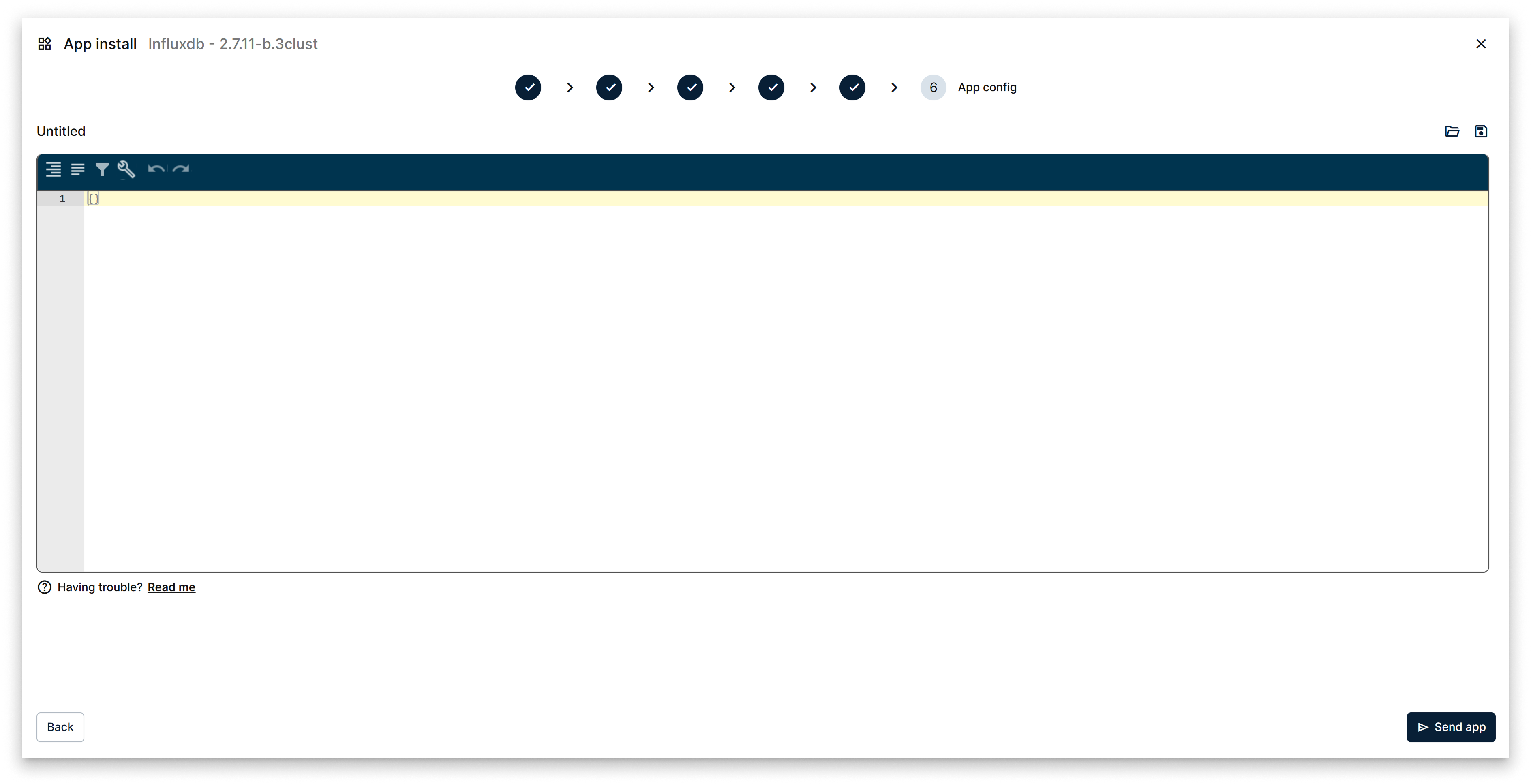 Provide the JSON-based application configuration Sixth step of the marketplace app installation wizard: Configure App Config
